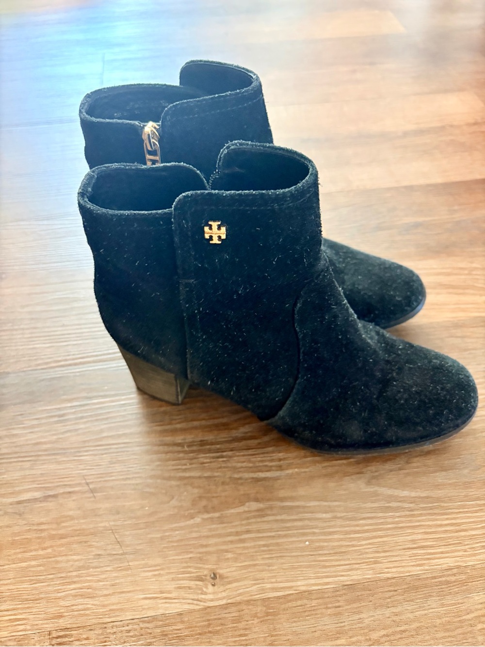 Tory Burch Black Suede Mid Heel Ankle Booties with Gold Logo